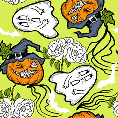 Halloween seamless pattern with pumpkin, ghost, bat. Decoration for party celebration, fabric print. textile design, backdrop and background, wrapping paper, scrapbooking. Hand drawn cartoon character