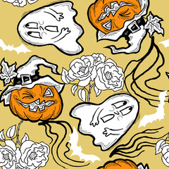 Halloween seamless pattern with pumpkin, ghost, bat. Decoration for party celebration, fabric print. textile design, backdrop and background, wrapping paper, scrapbooking. Hand drawn cartoon character