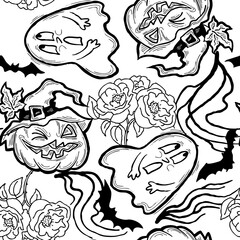 Halloween seamless pattern with pumpkin, ghost, bat. Decoration for party celebration, fabric print. textile design, backdrop and background, wrapping paper, scrapbooking. Hand drawn cartoon character