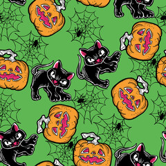Halloween seamless pattern with pumpkin, ghost, bat. Decoration for party celebration, fabric print. textile design, backdrop and background, wrapping paper, scrapbooking. Hand drawn cartoon character
