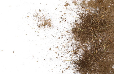 Dirt, soil dust, dry grass isolated on white background, top view