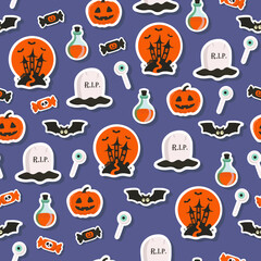 Vector Halloween pattern with sticker candy,grave,bat,Halloween pumpkin,castle,potion flask.Use for event invitation,discount voucher,advertising,greeting card,logo,packaging,textile,web.