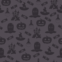 Vector Halloween pattern with candy,grave,Halloween pumpkin,witch hat,castle,potion flask.Use for event invitation,discount voucher,advertising,greeting card,logo,packaging,textile,web.