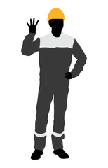Silhouette of worker with a helmet. A worker shows four fingers. Vector flat style illustration isolated on white. Full length view