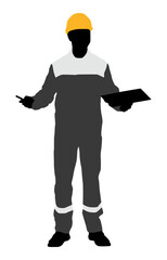 Silhouette of worker with a helmet. A worker holding a clipboard. Vector flat style illustration isolated on white. Full length view	