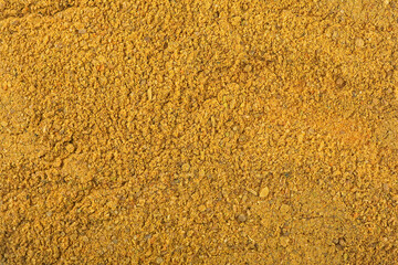 Pile of curry powder as background, top view.