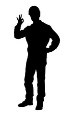 Silhouette of worker with a helmet. A worker holding a sign. Vector flat style illustration isolated on white	
