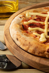 Delicious pepperoni with cheese pizza close up.
