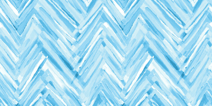 Fototapeta Seamless playful hand painted watercolor light pastel blue herringbone or chevron fabric pattern. Abstract cute zigzag background texture. Boy's birthday, baby shower or nursery wallpaper design..