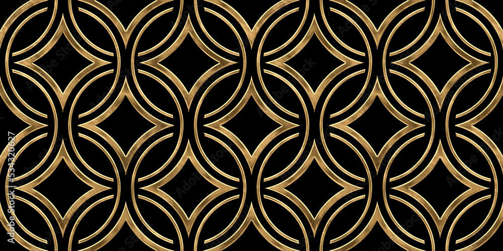 Wall mural Seamless golden Art Deco circle and diamond ornamental wallpaper pattern. Vintage abstract gold plated relief sculpture on black background. Elegant luxurious backdrop. High resolution 3D rendering.