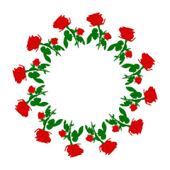 Rose flower frame in the shape of a Circle. Red Rose flower circular frame. Flowers ornament, decorative frame, floral ornament, decorative elements, spring, flowers, buds, leaf, plants.