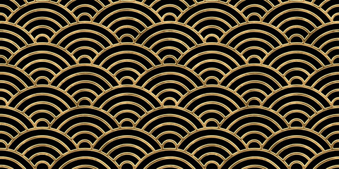 Seamless golden Japanese seigaiha wave pattern. Vintage abstract gold plated relief sculpture on black background. Modern elegant metallic luxury backdrop. Maximalist gilded wallpaper 3D rendering.