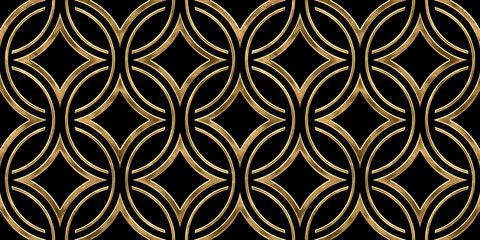 Seamless golden Art Deco circle and diamond ornamental wallpaper pattern. Vintage abstract gold plated relief sculpture on black background. Elegant luxurious backdrop. High resolution 3D rendering.