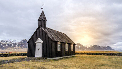 Black church on the peninsula Snafellsnes , Budakirkja,Budir church in Iceland