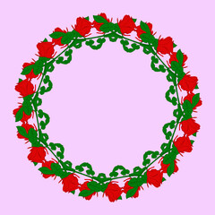 Red rose circular frame on rose background. Floral frame with rose flower. Vector EPS10