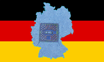 Outline map of Germany with the image of the national flag. Manhole cover of the gas pipeline system inside the map. Collage. Energy crisis.