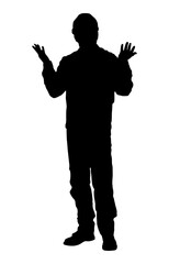 Silhouette of worker with a helmet. A worker holding a sign. Vector flat style illustration isolated on white	