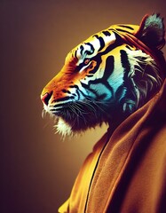 Tiger in sensei robe portrait. Profile view. 3d render.
