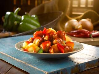 Sweet and Sour Pork served in a dish isolated on table side view