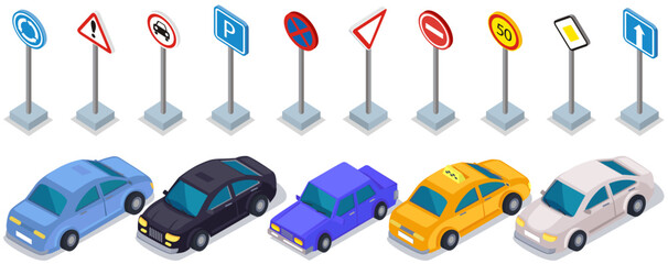 Set of cars and different road signs. Technical means of road safety, standardized graphic pattern for traffic control. Colored automobiles, vehicles near traffic signs isolated on white background