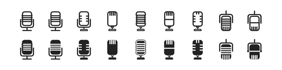 microphone icon set on white background, podcast symbol, different microphones collection, silhouette, sound sign, speak icon, modern design