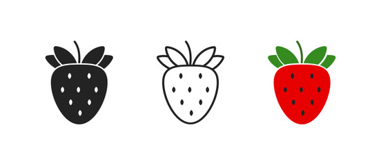 Icon set of strawberry on white background. Cocktail and smoothie element. Flat simple design. Conception of summer. Sign of berry.