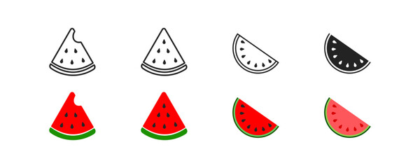 Icon set of sliced watermelon. Flat simple design. Conception of summer. Sign of berry. Exotic fresh berry.