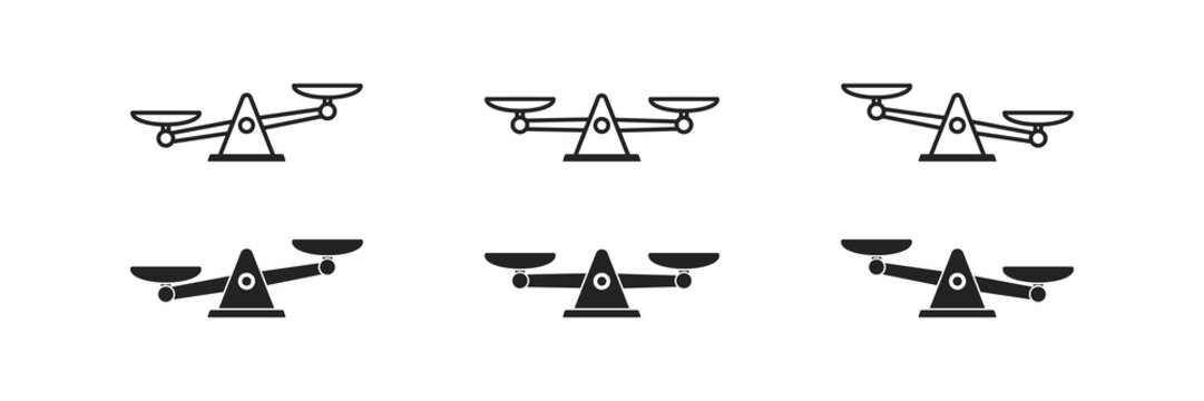 Balance scale icon set. Equilibrium concept. Measure signs.