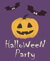 Vector Halloween banner with Halloween pumpkin and bat. Halloween party - modern lettering. Use for event invitation,discount voucher,advertising,greeting card,logo,packaging,textile,web