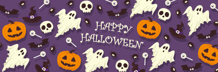 Vector Halloween horizontal banner with candy,ghost,bat,skull,Halloween pumpkin,witch hat,lettering.Use for event invitation,discount voucher,advertising,greeting card,logo,packaging,textile,web.