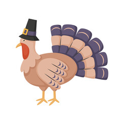 Thanksgiving turkey in a pilgrim's hat isolated on white background. Traditional Thanksgiving bird. Cartoon style vector illustration