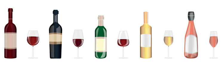 Many bottles and glasses of wine on white background