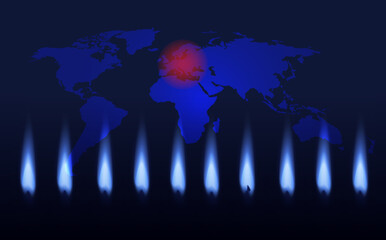 European energy crisis concept. Map of the globe and flames of natural gas on a blue background.