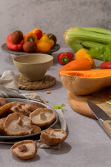 Autumn vegetables arranged on a kitchen worktop
