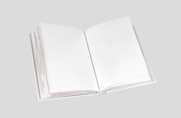 Open paper book with white blank empty pages mock up. Literature mockup on gray background