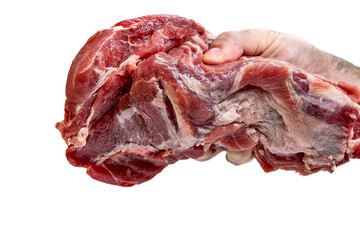 a man's hand holds a piece of raw meat. isolated on white