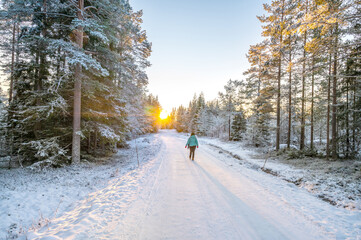 Obraz premium A calm tranquil view of the snow covered trees in the snowdrifts and beautiful sunset. A beautiful woman in coloured jacket walking through the Magical winter forest.