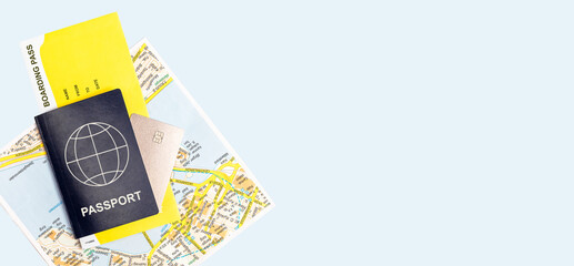 Passport ticket map banner. Travel tourist background for ad and copy space