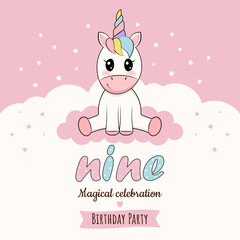 Invitation, birthday card with unicorn. 9 years. Vector illustration