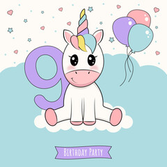 Unicorn birthday invitation 9 years old. vector illustration