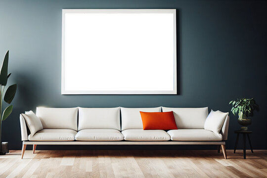 Designer living room, autumn colours, empty frame, digital art