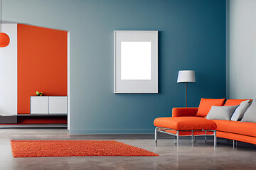 Designer living room, autumn colours, empty frame, digital art
