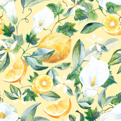 Lemon calae lillies grapevine watercolor seamless pattern on light yellow background. - obrazy, fototapety, plakaty