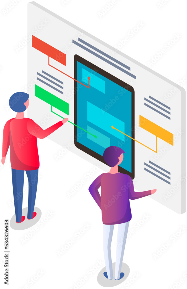 Aufkleber men interact with screen digital device press button on smartphone. monitor, board with infographic.