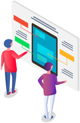 Men interact with screen digital device press button on smartphone. Monitor, board with infographic. Concept of business assistance. Interactive information kiosk, advertising display, terminal stand