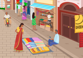 Indian market with people and different shops with ancient cityscape at background. Textiles, fabrics, carteps, spices, sweets, vegetables. Asian characters, oriental bazaar, authentic marketplace