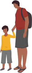 Fototapeta premium Dad holding boys hand. Family walking in city park together scene. Parents and children, outdoor activity concept. Vector isolated people characters outdoors. Family leisure. Man stands with his son