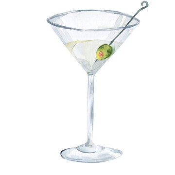 Hand-drawn watercolor illustration. Martini in the glass with green olives. Isolated alcohol drawing