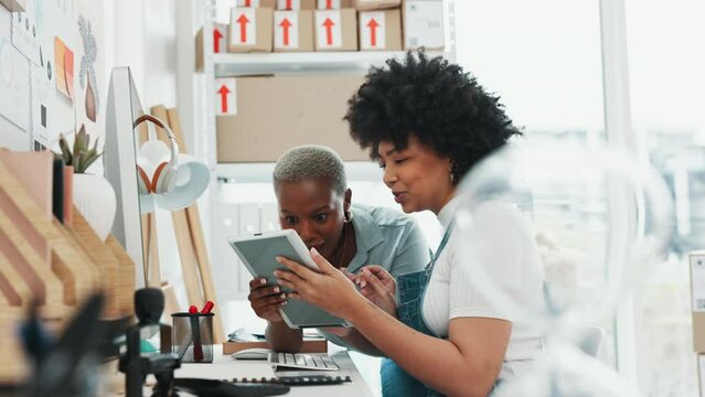 Logistics women, tablet or ecommerce success deal in creative shipping office, startup or e commerce retail company. Happy smile or wow face workers in teamwork collaboration of tech product delivery