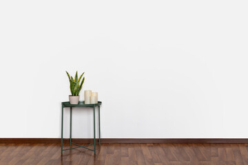 minimalistic scandinavian interior, house, apartment, green coffee table on white wall background, home plants, candles, sansivieria, comfort, decor, place for text, green corner, layout, trendy